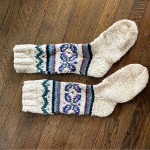 Cozy Knit Socks - Cream and Purple